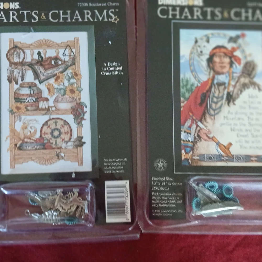 2 Complete Native American Dimensions Charts & Charms Cross Stitch Craft Kits